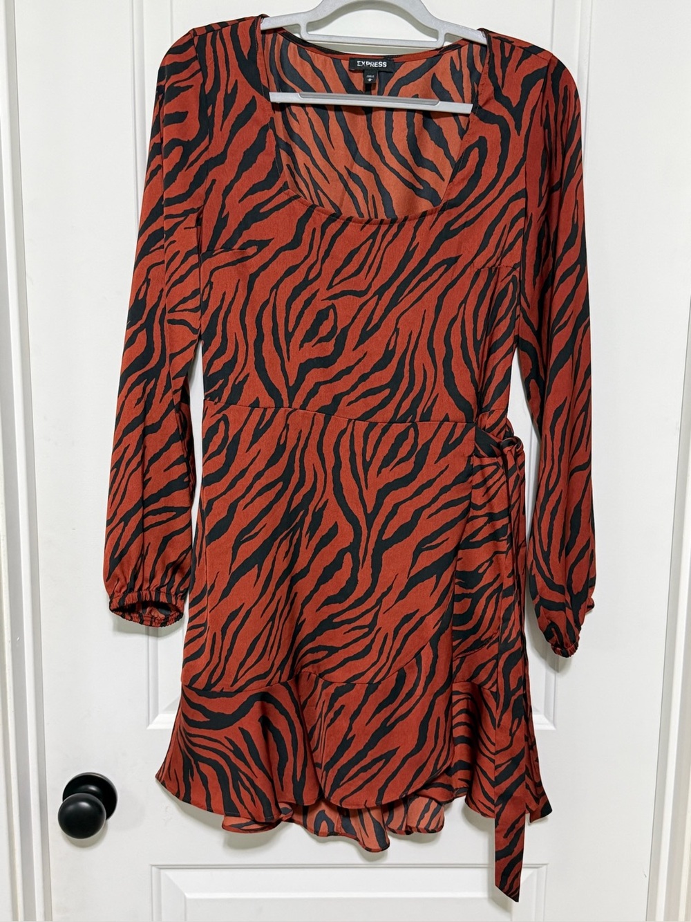 NWOT Express Rust and Black Zebra-Print Faux Wrap Dress